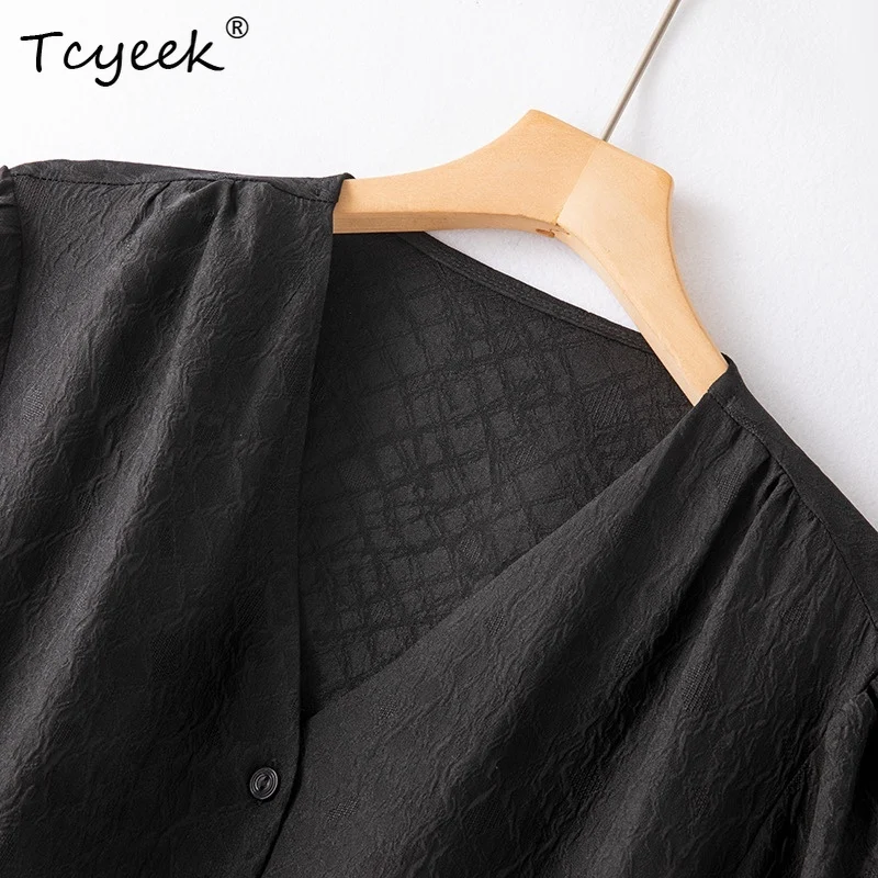 Tcyeek, 여성용 100% 리얼 실크 우아한 셔츠, 퍼프 슬리브 V 넥 솔리드, 단순 다용도 블라우스, 2024 봄 T43293QC