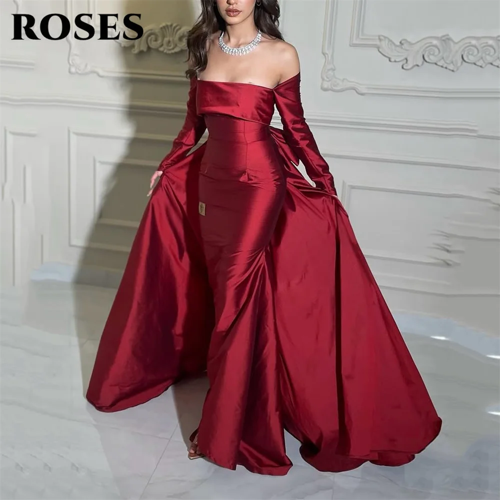 

ROSES Red Mermaid Prom Dress Off Shoulder Formal Dress Long Sleeve Women's Evening Dress with Train Satin Formal Gown Customized
