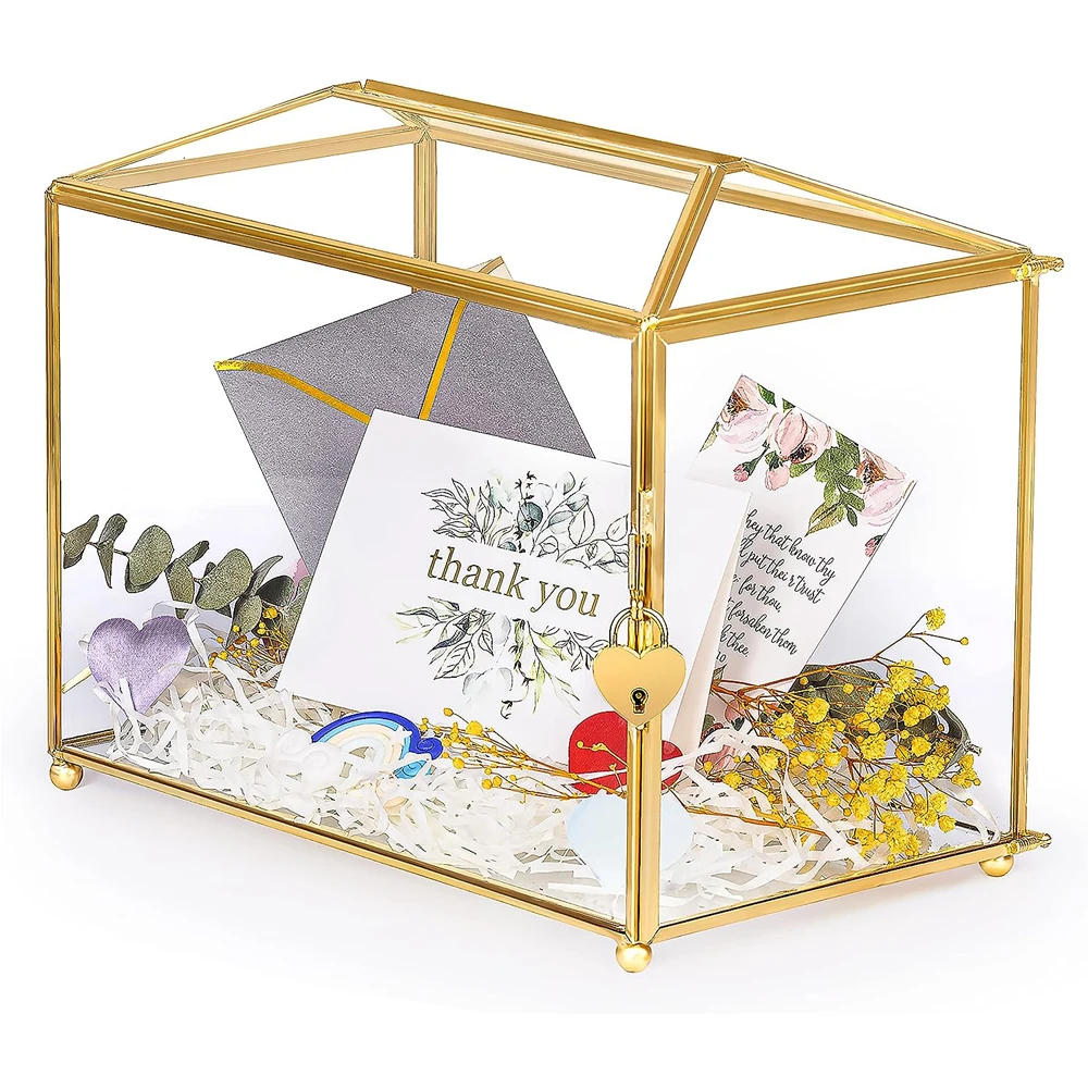 

Gold Glass Card Box for Wedding Reception, Honeymoon Fund, Graduation, Birthday or Baby Shower - Handmade Gold Terrarium Box