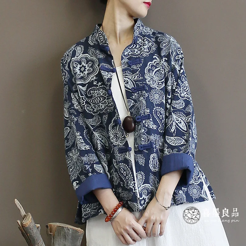 2025 New Arrival Spring Women Good Quality Cotton Linen Outerwear & Coats Loose Casual Print O-neck Single Breasted Jackets Y168