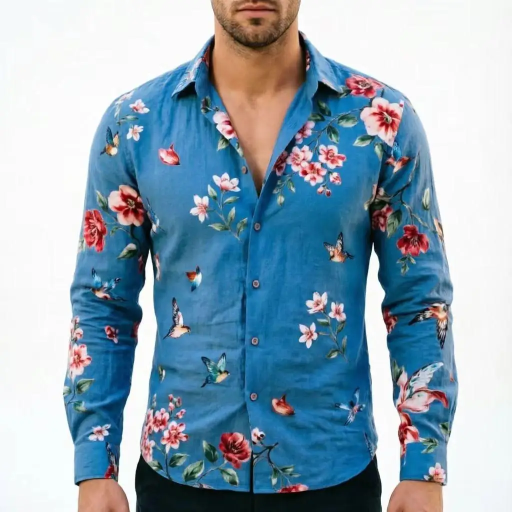 

Bird chirping and floral fragrance, men's linen long sleeved shirt, fashionable trend, loose top, casual and comfortable
