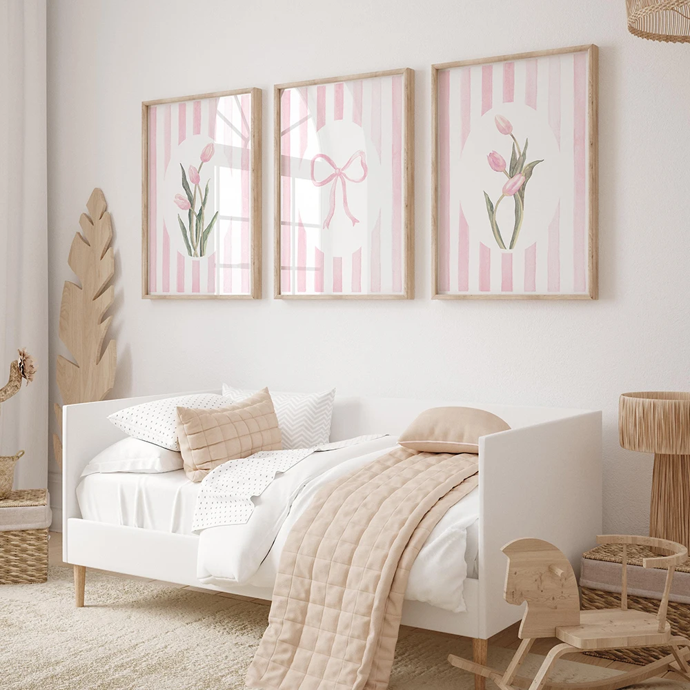 Pink Bow Wall Art Set Of 3 Striped Floral Prints Tulips Watercolors Preppy Room Decor Aesthetic Posters for Dorm Living Room