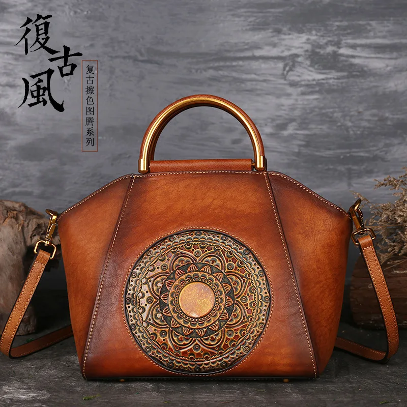 Women's New Fashion High-quality Genuine Leather Totem Large Capacity Retro Hobos Handbag Shoulder Bag CrossbodyBag Office Daily