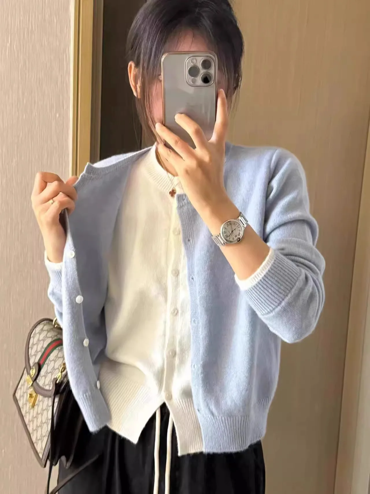 100% 순모 페이크 투피스 레이지 스웨터 가디건 다크 그레이 고품질 울 니트 탑 여성 디자인 감각 심플 출퇴근용