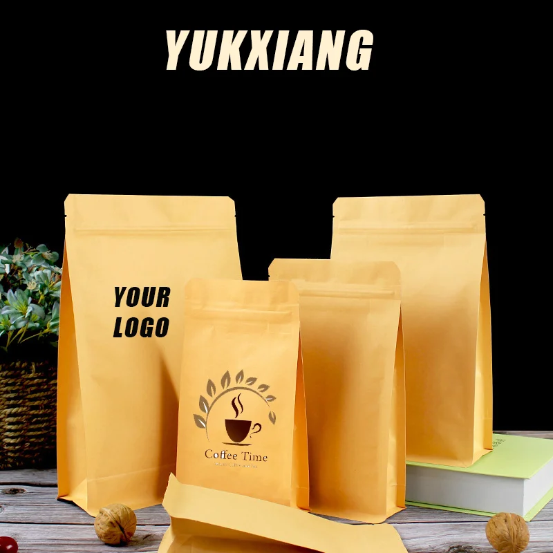 

50pcs Customized Wholesale Food Grade Zippered Kraft Paper Eight Side Seal Heat sealed Folded Flat Bottom Bag