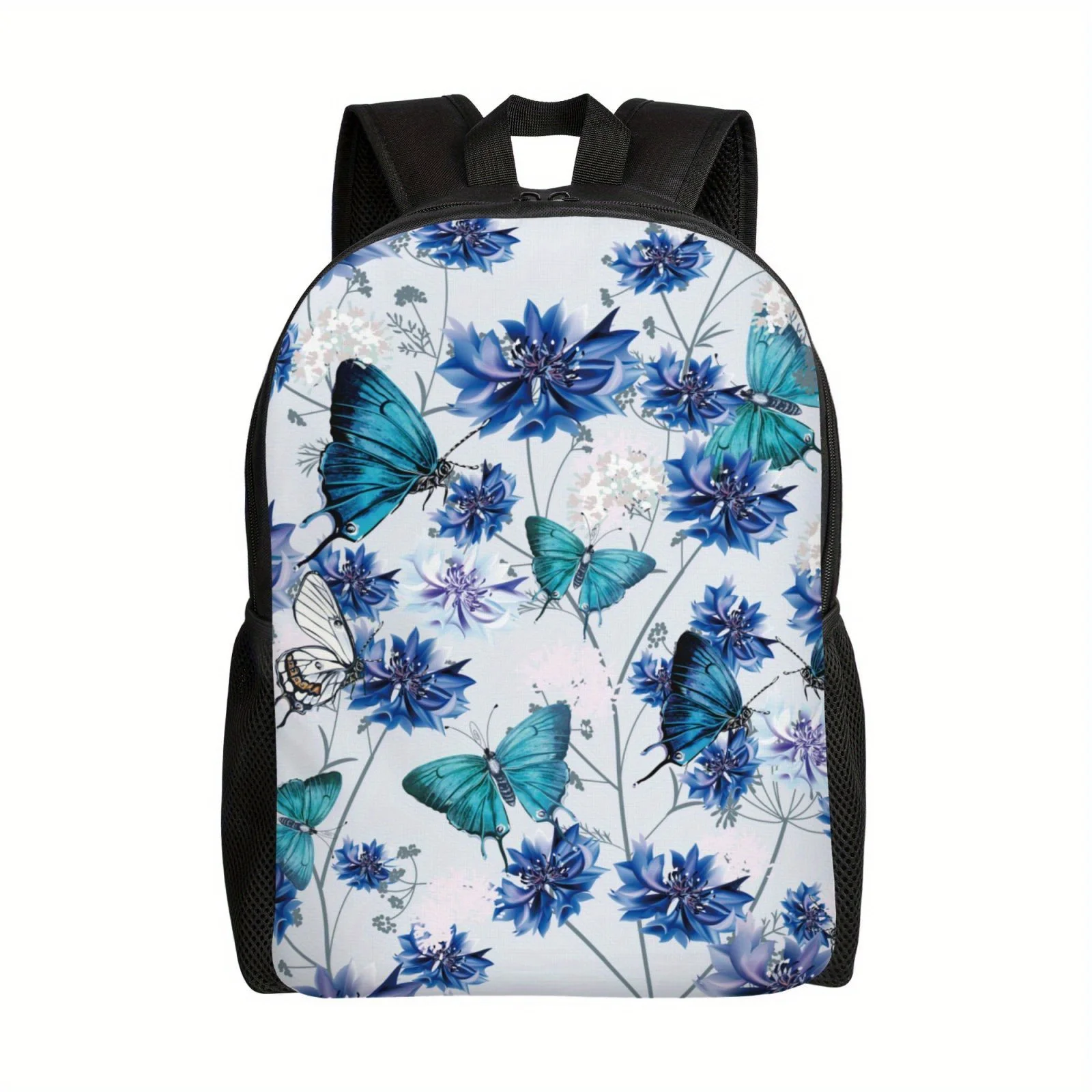 Lightweight and adjustable black backpack, unisex butterfly blue flower printed backpack