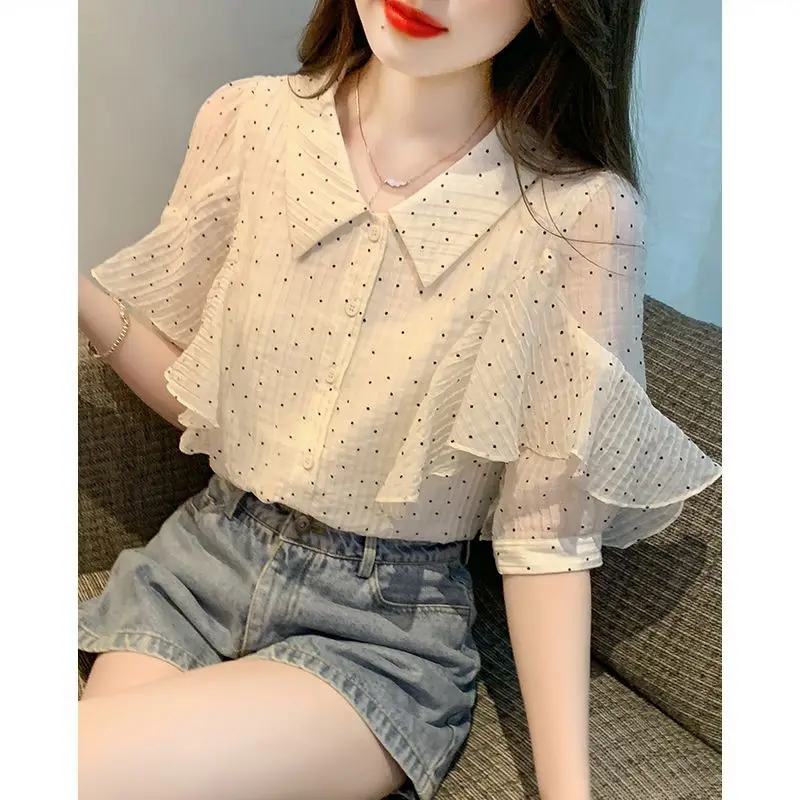 Summer Woman Blouse Short Sleeve Sweet Loose Bright Colors Youth Lively Elegant Puff Sleeve Fashionable Perspective Polo-neck