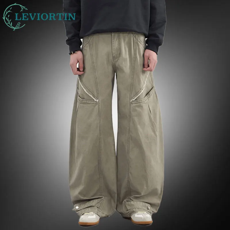 

American Retro Scimitar Cargo Jeans Pants Men Streetwear Y2K Pleated Loose Casual Trousers Wash Oversized Wide-Leg Denim Pants