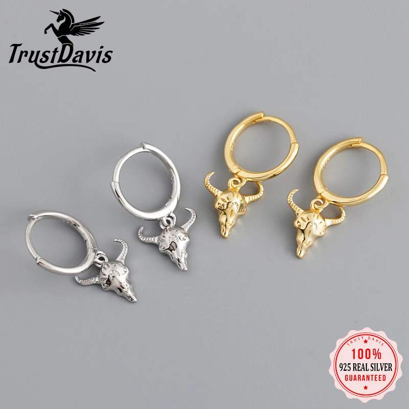 

TrustDavis стерлингового серебра 925 пробы, модные очаровательные серьги-кольца с головой быка на Хэллоуин для дочери, подарок на день рождения, ювелирные изделия DA1987