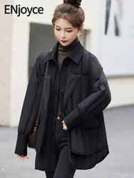 Women Korean Fashion White Duck Down Coat 2024 Winter Ladies Elegant Workwear Black Shirt Style Warm Thick Jacket