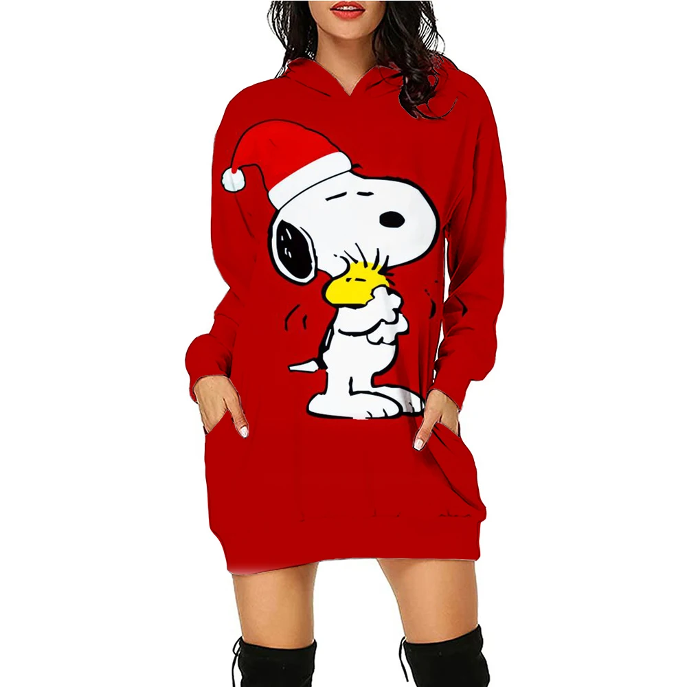 Autumn and Winter Women\'s Hoodie Dress Snoopy Printed Fashion Long Sleeve Hoodie Dress Casual Hoodie Women\'s Pullover Dress