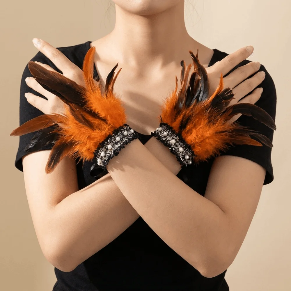 Vintage Lace Feather Wrist Cuffs Pearl Adjustable Halloween Arm Cuff Lightweight Gothic Wristband Costume Prop
