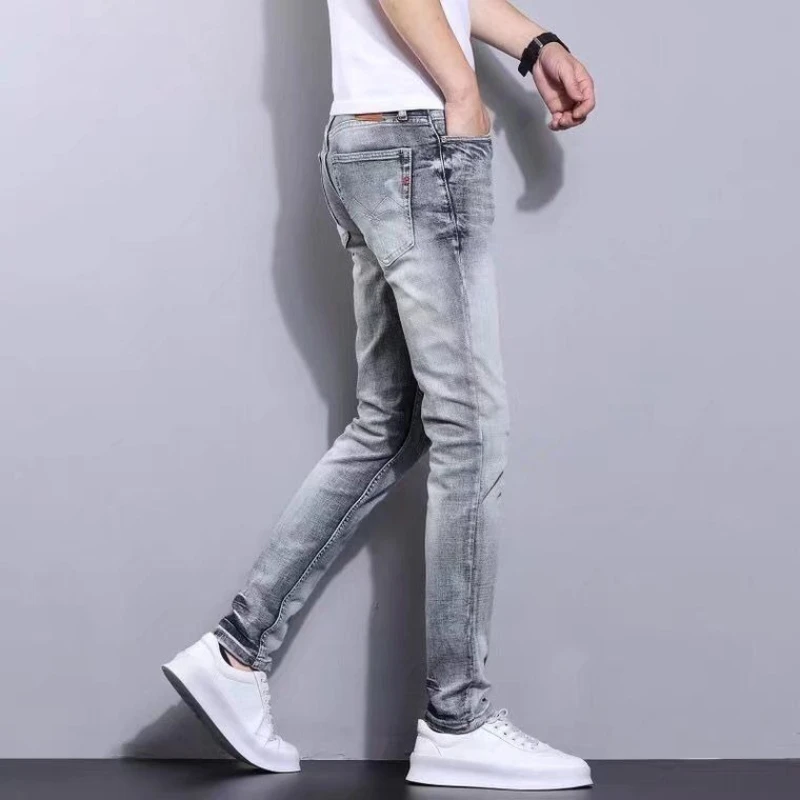 Men's Slim Fit Stretch Jeans Smoke Gray Plus Size Summer Lightweight Casual Pants New Autumn