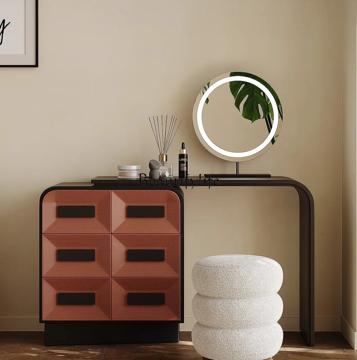 

02Italian minimalist dresser storage cabinet integrated retractable bedroom antique with storage makeup table