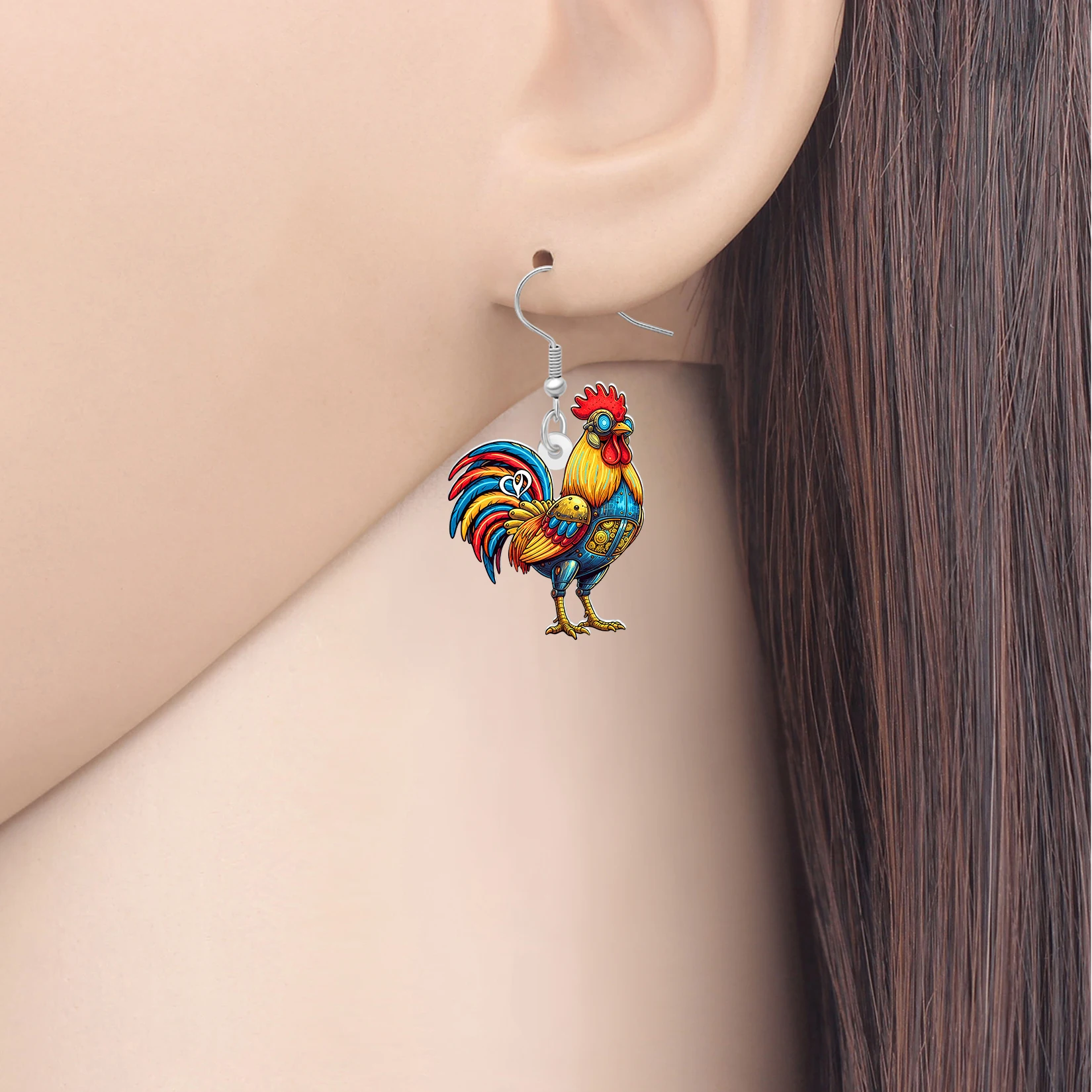 BONSNY Acrylic Steampunk Chicken Dangle Earrings Cool Rooster Farm Animals Punk Jewelry Gifts For Women Girls Party Accessories