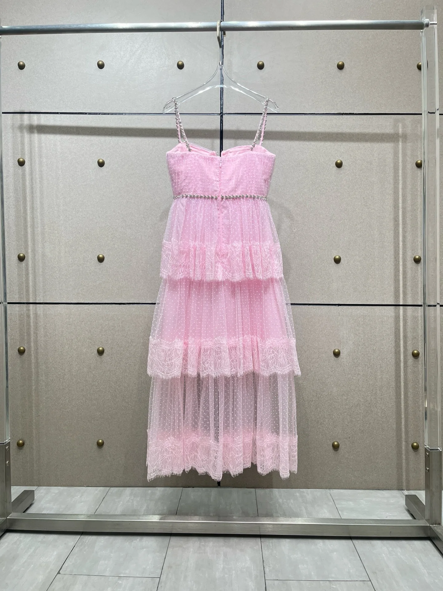 EVACANDIS High Quality Lace Spaghetti Strap Luxury Women New Pink Diamond Midi Dress Solid Strapless Chic Elegant Vintage Sweet