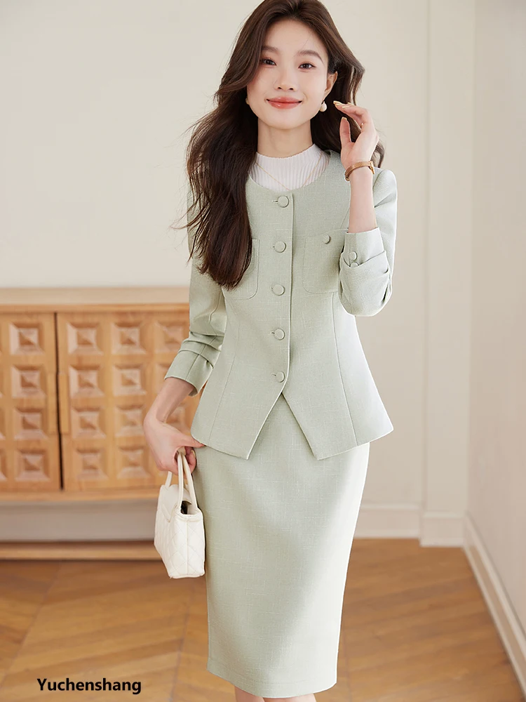 أزياء المرأة العمل السترة تنورة دعوى السيدات الأخضر الكاكي الرمادي الإناث الرسمية قطعتين مجموعة لربيع الخريف الشتاء #4
