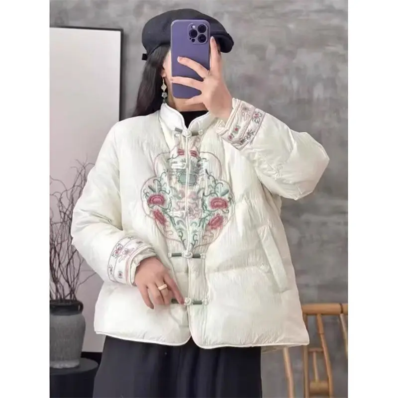 2024 New Chinese Style Retro Women Clothing With Buckle Embroidery Jacket Warmth Short Style Down  Cotton Coat Outerwear A601