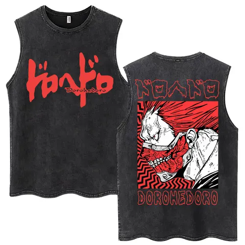 Imagen 2 del producto Camisetas sin mangas lavadas con patrón de Anime japonés Dorohedoro para hombre y mujer, camiseta sin mangas de Manga a la moda de algodón 100%, camisetas holgadas informales