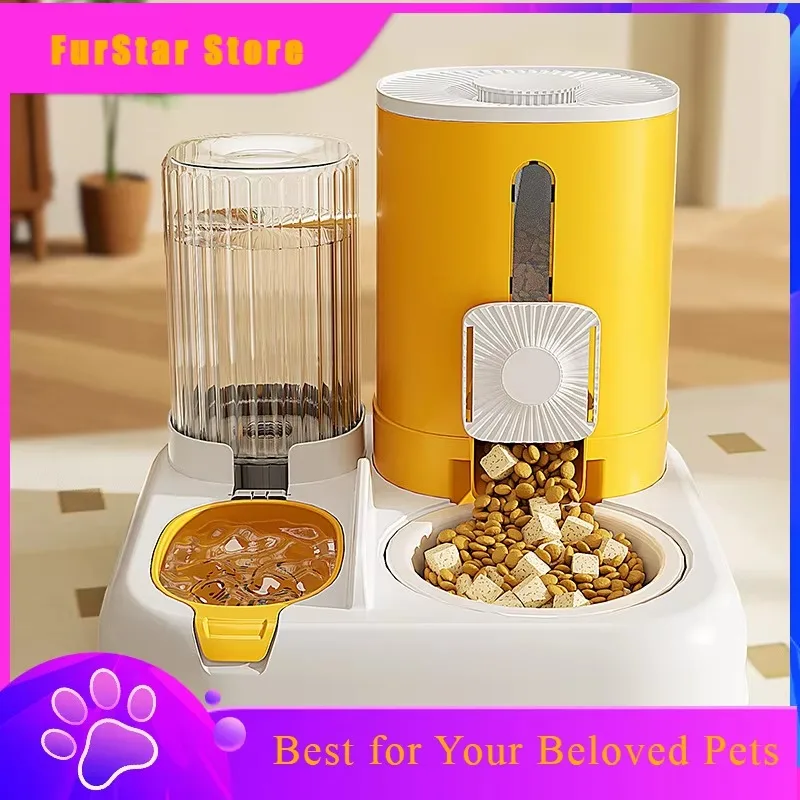 FurStarCeramic 2-in-1 Auto Pet Feeder & Water Dispenser, Double Bowl Cat Dog Food Water Station, Non-Slip Easy Clean Pet Bowl Se