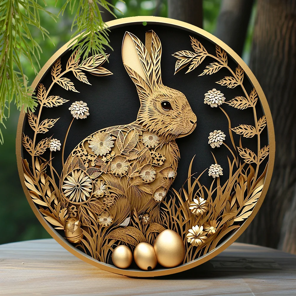 Faux Foil Stamping Papercut Art Painting Round Wreath Decorative Sign Kitchen Decor Easter Bunny And Eggs Theme Decoration Q480