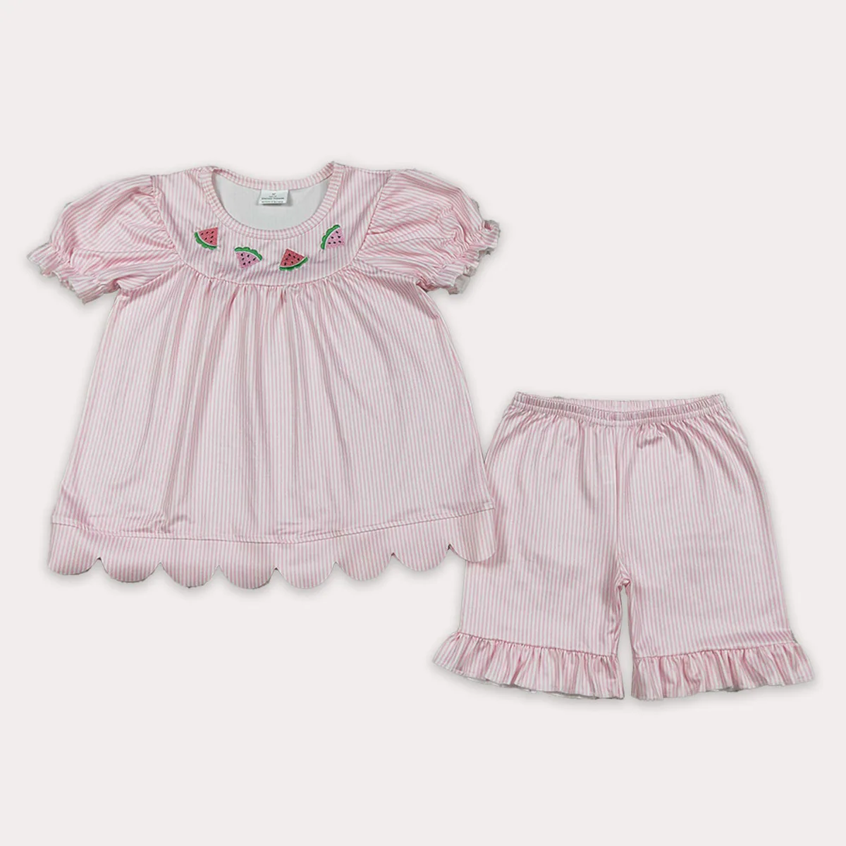 Toddler Cute Baby Girl Clothes Embroidery Watermelons Pink Stripe Scallop Tunic Kids Set Ruffle Shorts Outfit Children 2Pcs Sets