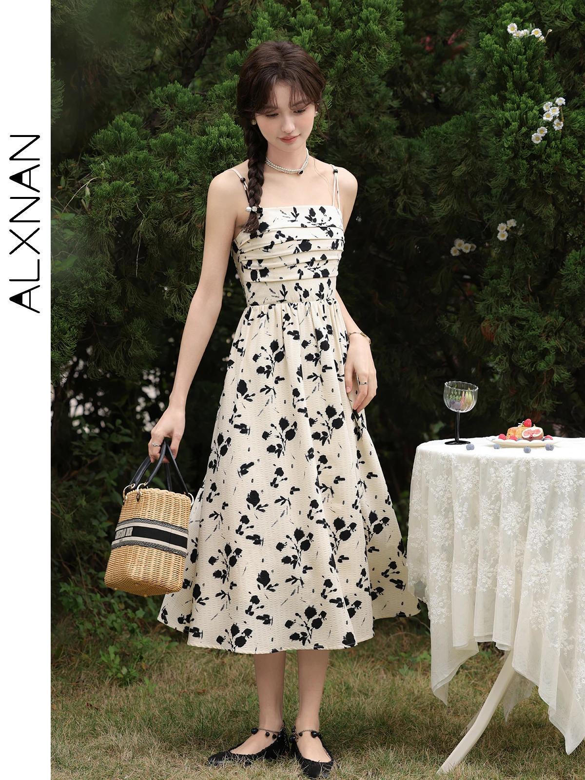 ALXNAN-vestidos camisola florales para mujer, vestido Midi ajustado con espalda fruncida plisada de estilo francés elegante para primavera y verano 2024 L33555