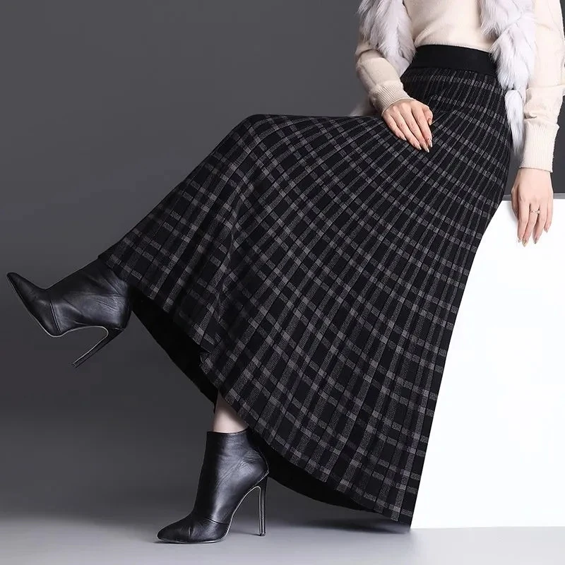 

New Knitted Pleated Skirts Women Autumn Winter High Waist Lattice Long Knit Skirts Fashion Temperament Elegant A-line Skirt