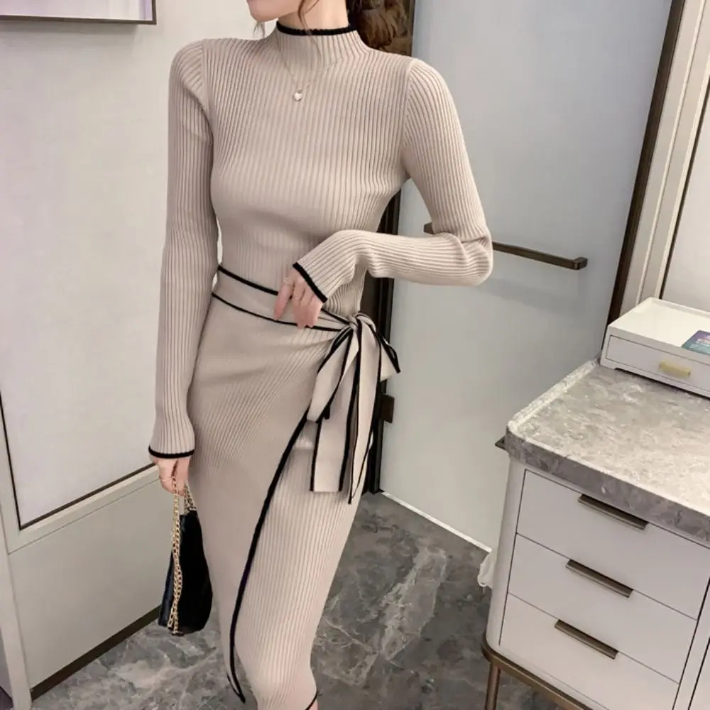 Robe longue en tricot Simple, demi-col, à lacets, Slim, élégante, manches longues, épicée, pour fille, robe de soirée, hiver automne