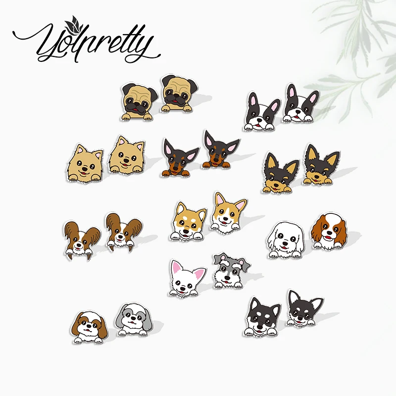 2021 New Cartoon Pet Corgi Husky Bulldog Pug Puppy Dogs Epoxy Stud Earrings Handcraft Acrylic Stud Earrings