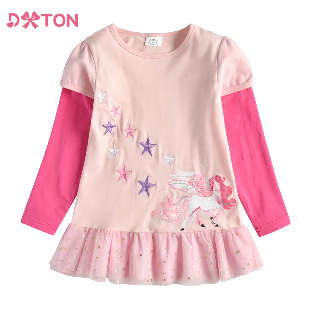 DXTON Children Long Sleeve T-shirts Spring Girls Tops Cotton Toddler T-shirts Unicorn Star Applique Kids Patchwork Clothing