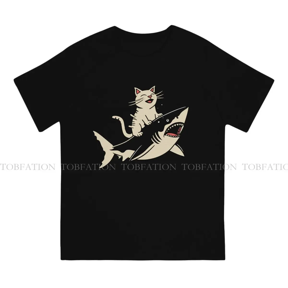 Cat and Shark Aquatic Thrills TShirt For Male Cat Camisetas Fashion T Shirt 100% Cotton Soft Printed Fluffy