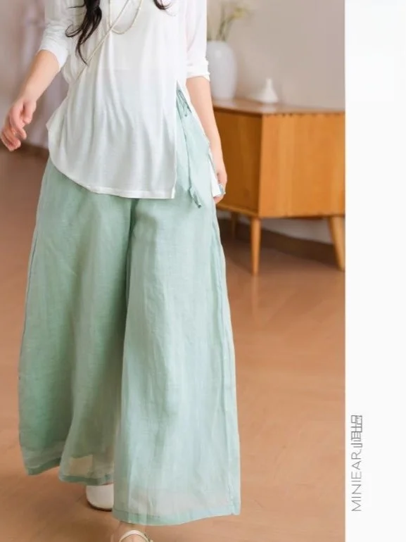 

Slimming Wide Leg Cotton Linen Pants with Sa Design Thin Summer Casual Trousers for plus Size Women Nine Points Length