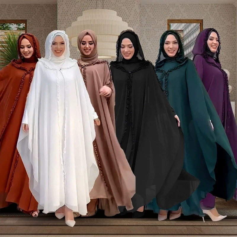 

Women Vintage Embroidery Long Robe Cape Cloak Open Front Cardigan Loose Hooded Muslim Abaya Islamic Dubai Kaftan Prayer Dress