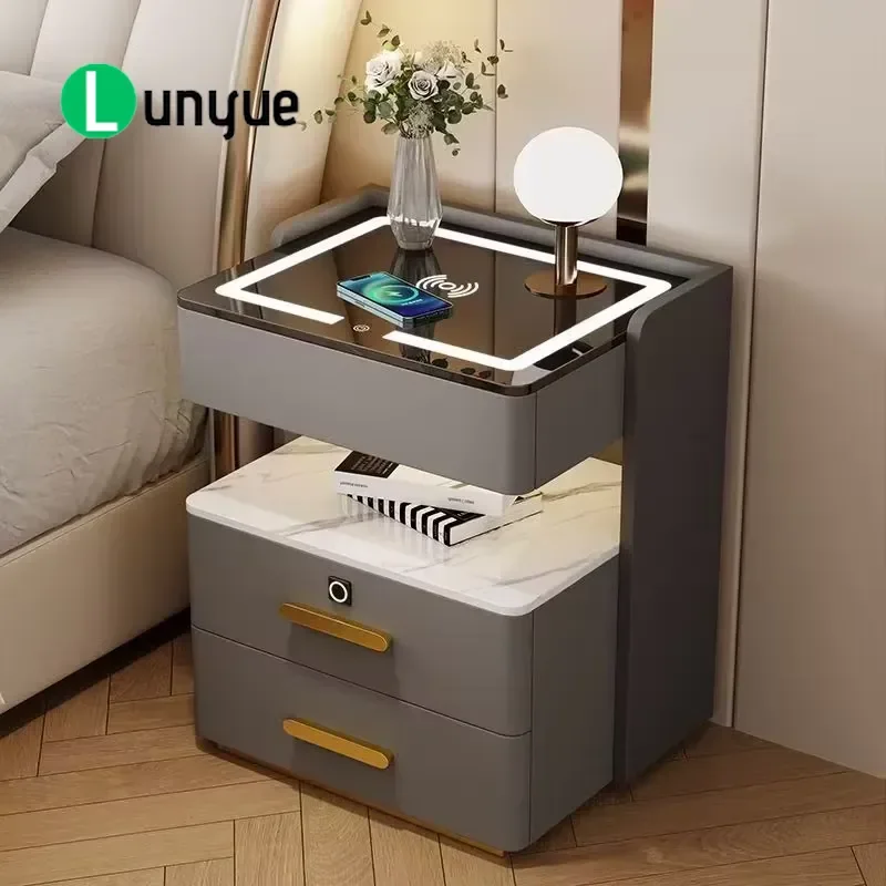 Modern Smart LED Wooden Bedside Table with Wireless Charging and Fingerprint Lock Multi Function Nightstand for Bedroom