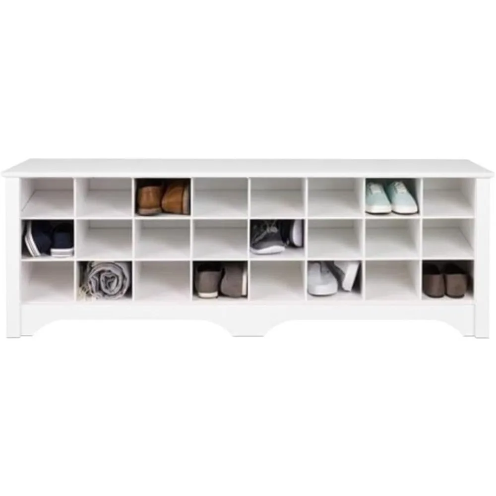 60 Inch Wide Shoe Storage Bench with 24 Compartments for Entryway, Mudroom, Hallway, Closet, and Garage - White