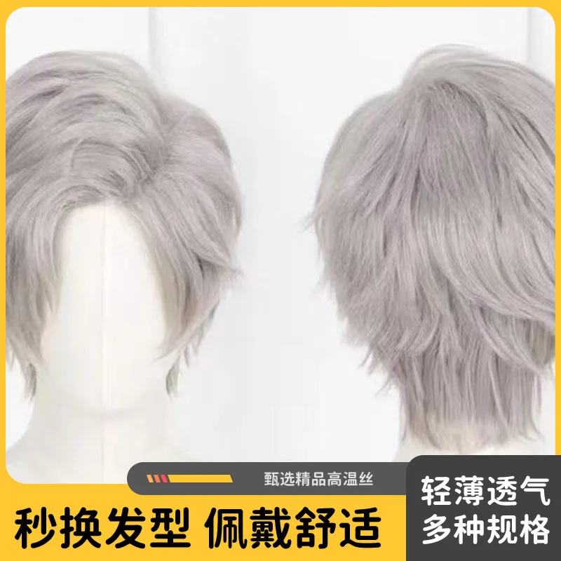 Qinch‑Che Cosplay Full‑Head Wig Silver‑White Short Hair With Teased Fluffy Crown Heat‑Resistant Synthetic Costume Wig view 2