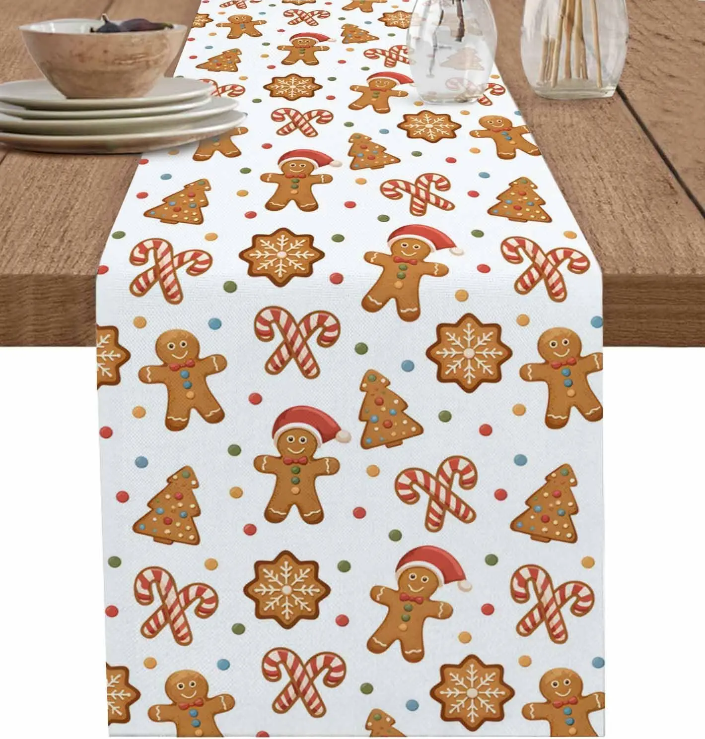 Merry Christmas Gingerbread Man Linen Table Runner Table Decor Winter Candy Kitchen Dining Table Runners Christmas Decorations