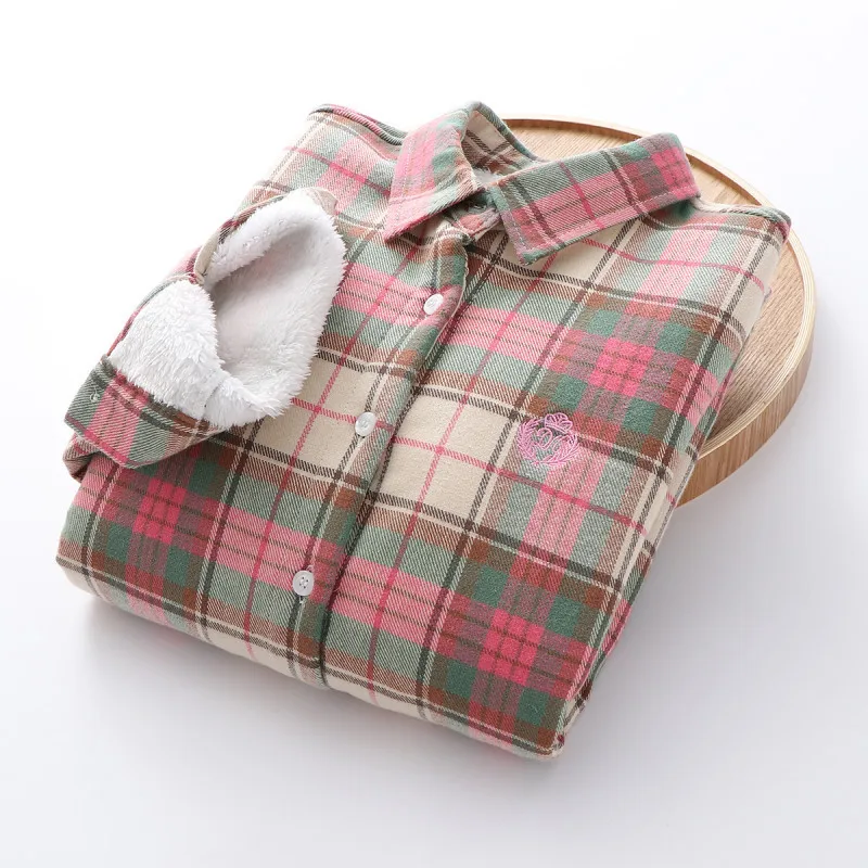 

Women's Long Sleeve Plaid Shirts, Cotton Shirt with Velvet, Warm Blouse, Female Thick Cotton, Casual, Autumn, Winter