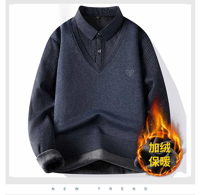Herren-Langarmshirts mit Fleecefutter, Fake-Two-in-One-Strickhemden, kleine Stickerei, entspannte Passform, warme Oberteile für den Winter. – Detail 9
