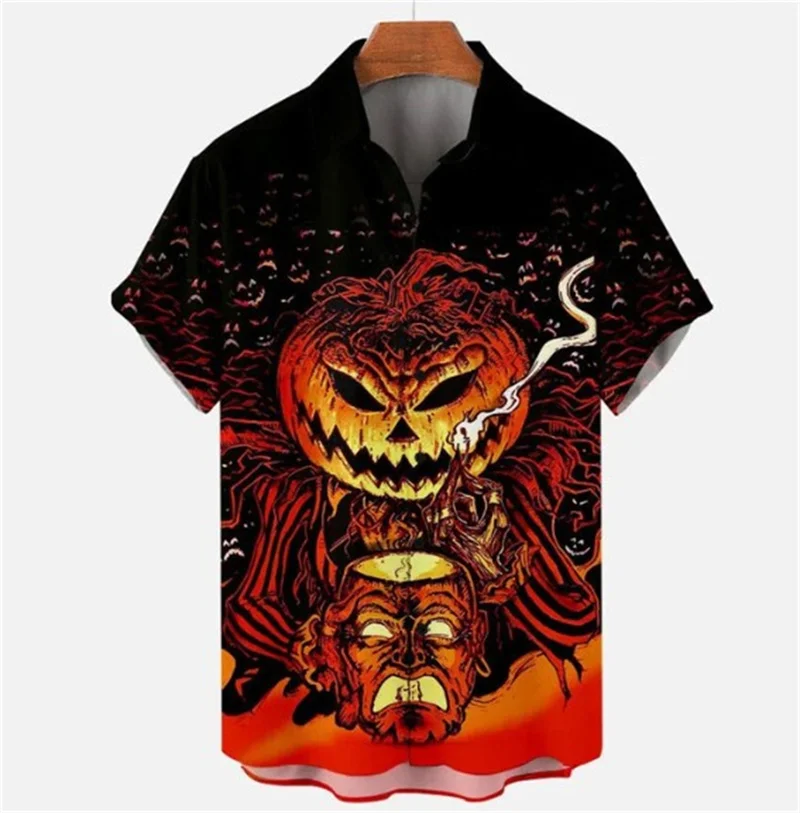 Halloween Pumpkin Head Print Summer Men\'s Shirts Casual Oversized Short Sleeve Fashion Single-Breasted Blouses Trend Men Clothes