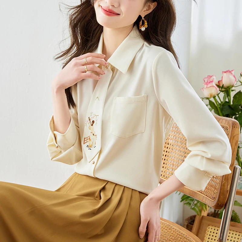 QOERLIN Printed Tie Turn-Down Collar Long Sleeve Apricot Elegant Women Shirts New Button Up Blouses Fashion Casual Tops Shirt