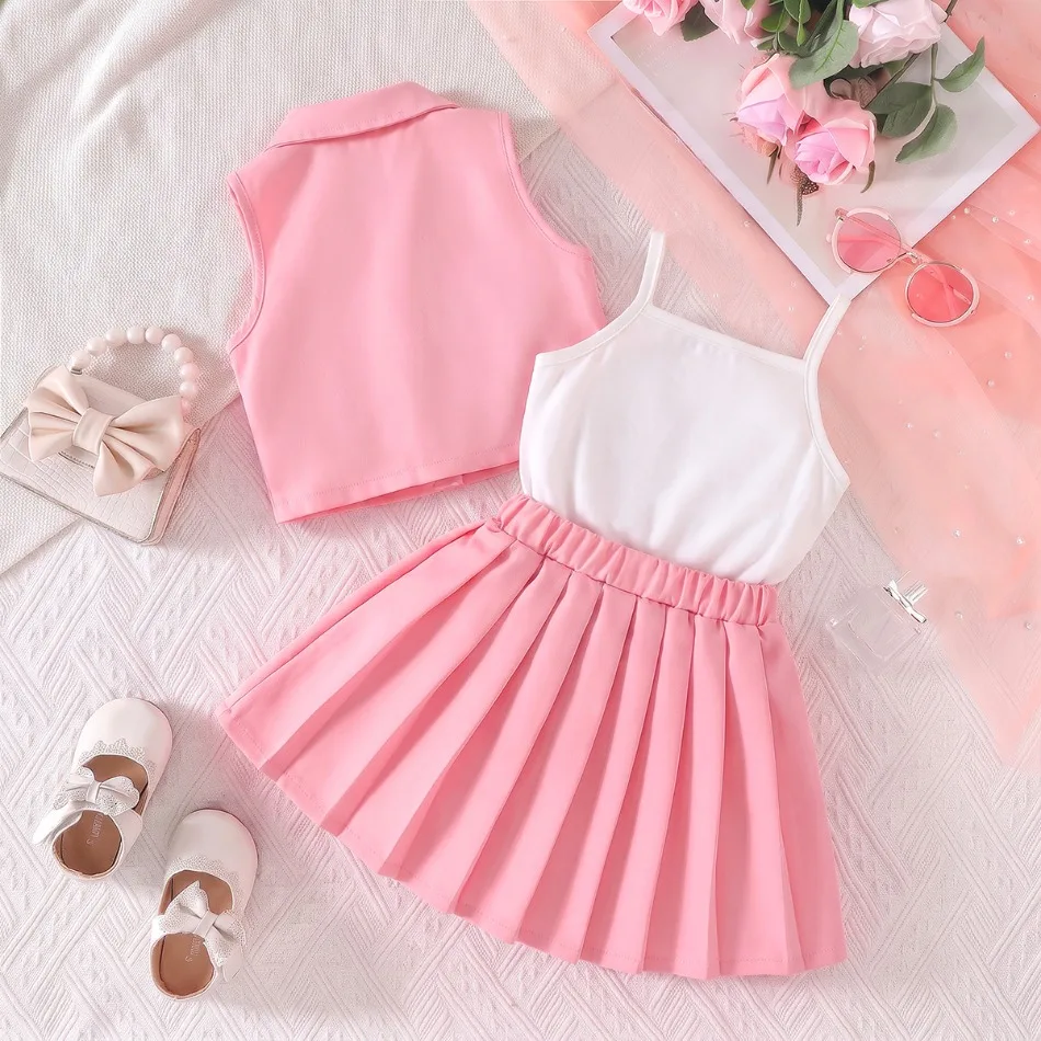 Girls 3pcs Summer Outfit Set Sleeveless Vest Spaghetti Strap Cami Top Elastic Waist Pleated Skirt Kids Casual Clothing ZZ12