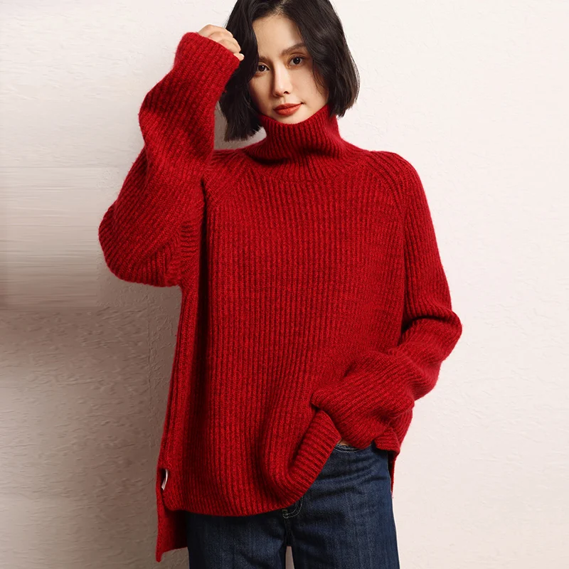 

2024 Autumn/Winter Loose Thick Women Large Size Sweaters 100% Goat Cashmere Knitted Leisure High Collar Pullovers Warm Soft Tops