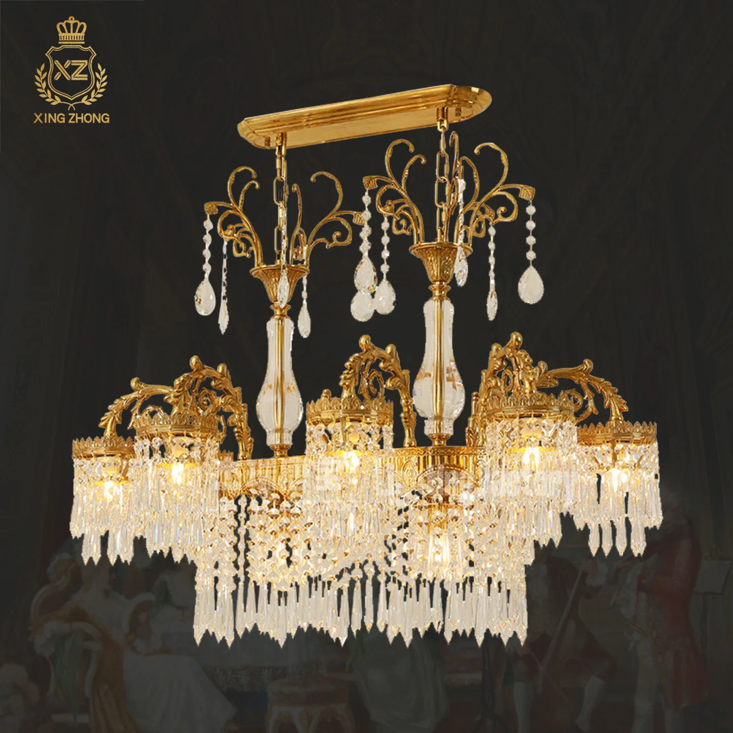 European Long Strip Dining Room Dining Table Classic Brass Crystal Chandelier Study Duplex Kitchen Pendant Lamp