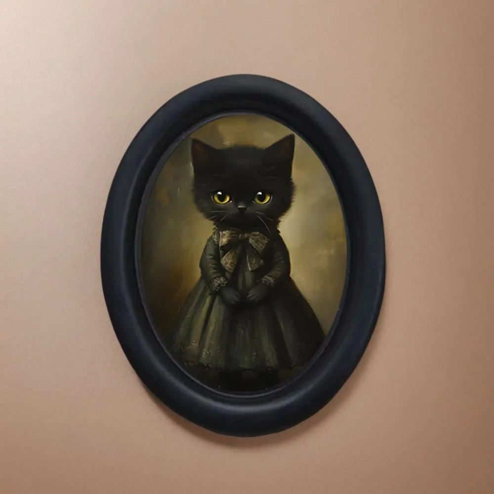 1 Piece of Vintage Black Cat Oval Frame Wall Decoration, Victorian Style Green Dress Black Cat Decorative Painting, Dark Academy Style Bedroom Entryway Wall Ornament, Gift for Cat Lovers