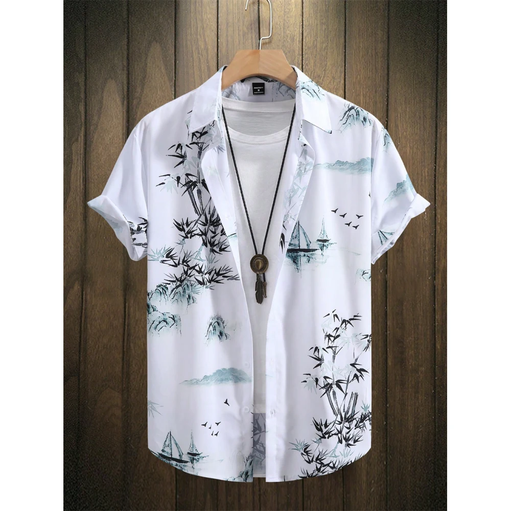 

Мужская модная рубашка с короткими рукавами и принтом тушью в гавайском стиле, мужская летняя пляжная рубашка для отдыха на открытом воздухе, модная рубашка