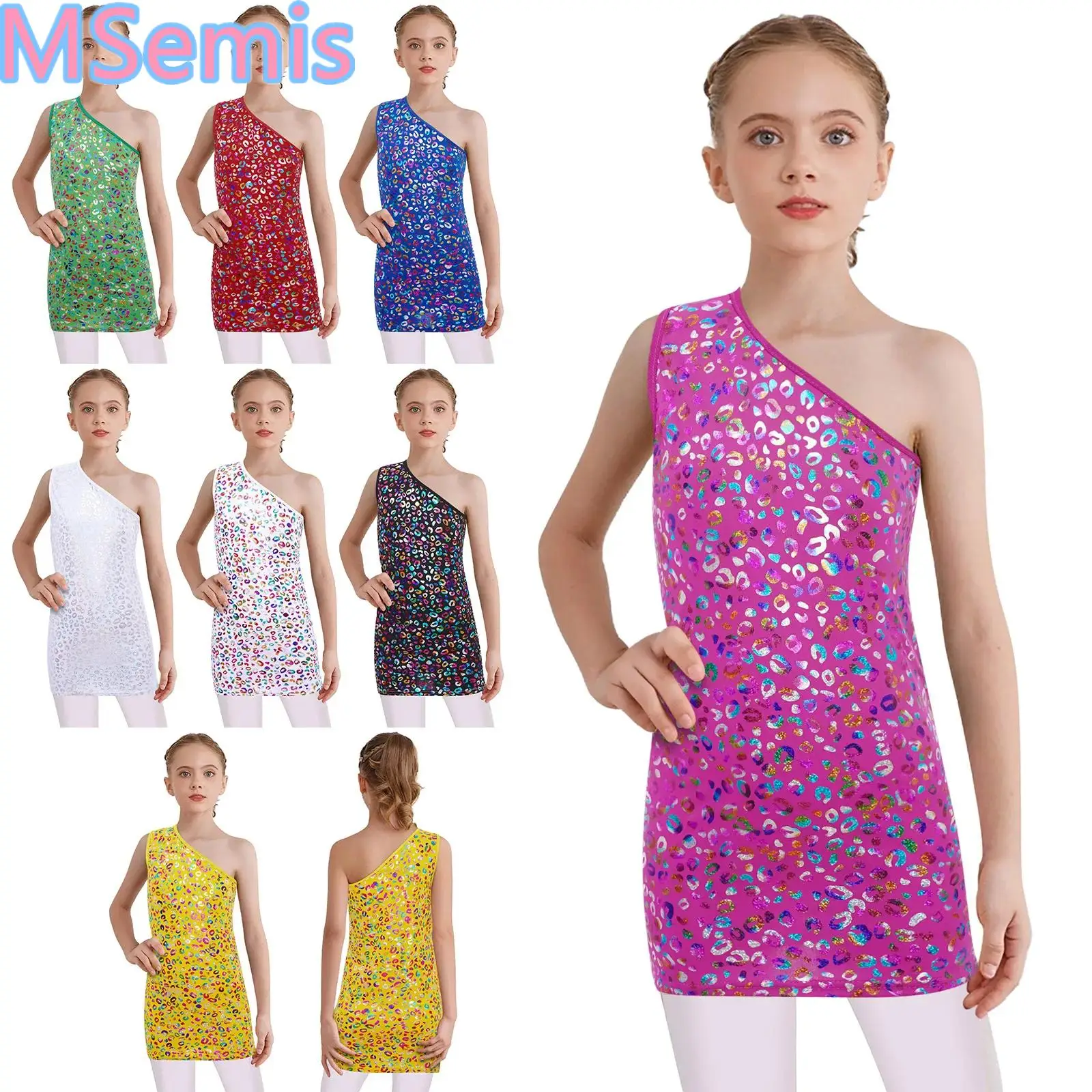 

Kids Girls One Shoulder Dance Dress Metallic Cheerleading Stage Performance Costume Sleeveless Leopard for Jazz