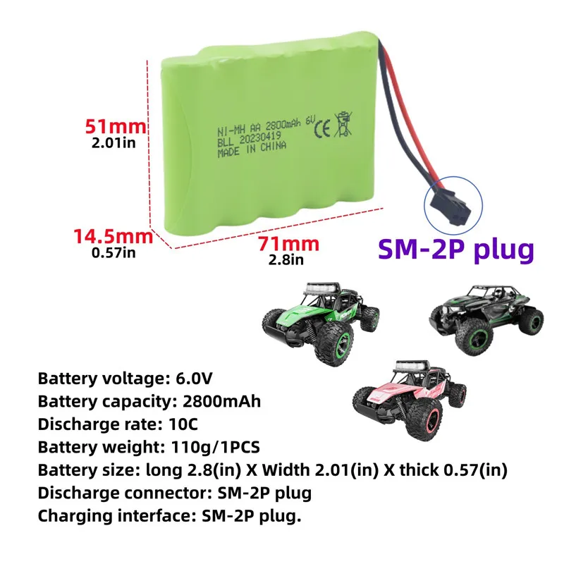 2PCS 6.0V 2800mAh AA Rechargeable Battery With SM-2P Plug+USB For TB141 TB142 DE37 RC Toy Car,RC Excavator,Truck Backup Battery