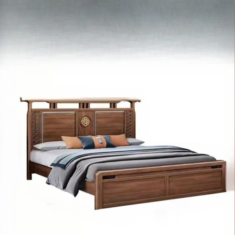 

New Chinese style solid wood bed, simple 1.8 meter double bed, high box storage carving, light luxury